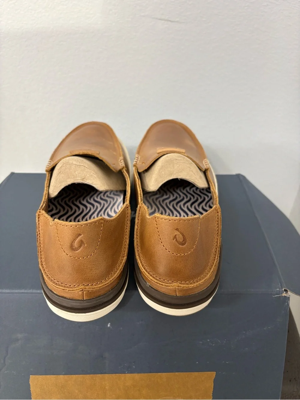 OluKai Brown Leather Slip-On Loafers with Cream Sole